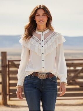 Tasha Polizzi Victorian Western Blouse Gold Trim Lace Ruffle Embroidery White XL